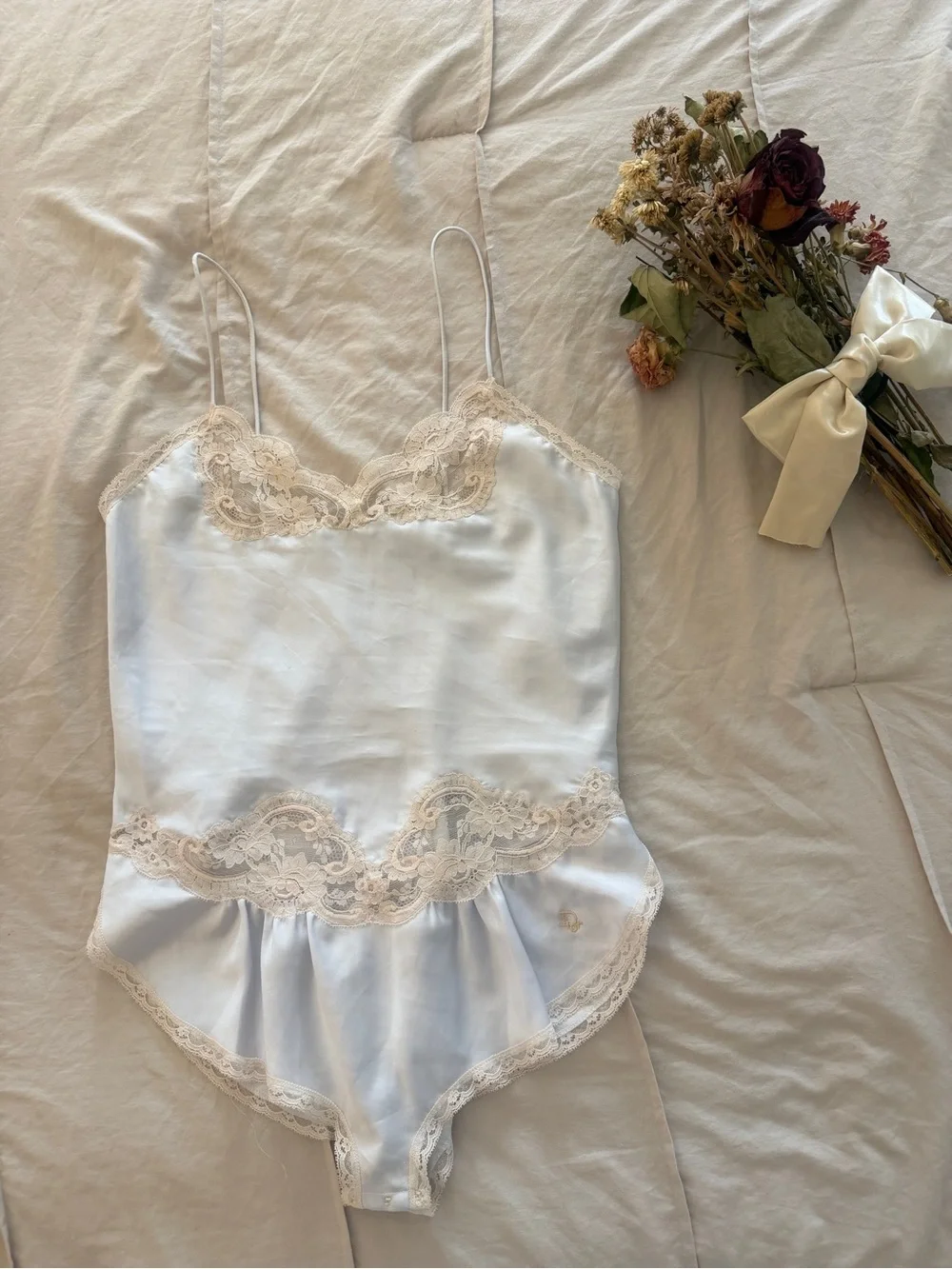 Dior Ivory Satin Lace-Trim Chemise Bodysuit